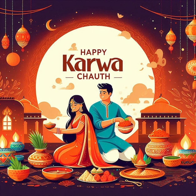 Happy karwa chauth festival with indian copule celebration design