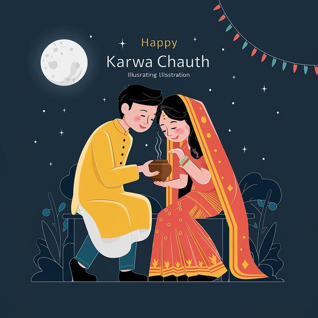 Happy karwa chauth festival with indian copule celebration design