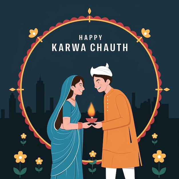 Happy karwa chauth festival with indian copule celebration design