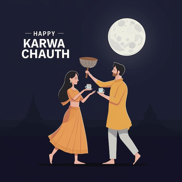 Photo happy karwa chauth festival with indian copule celebration design