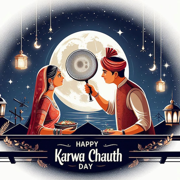 Happy karwa chauth festival with indian copule celebration design