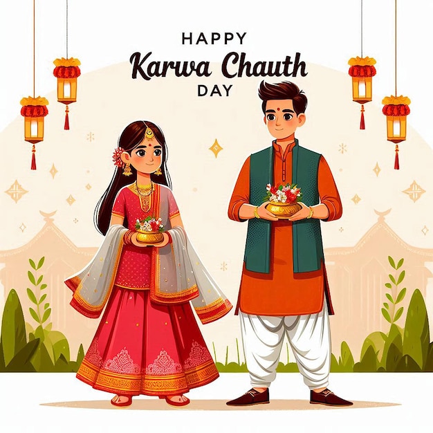 Happy karwa chauth festival with indian copule celebration design