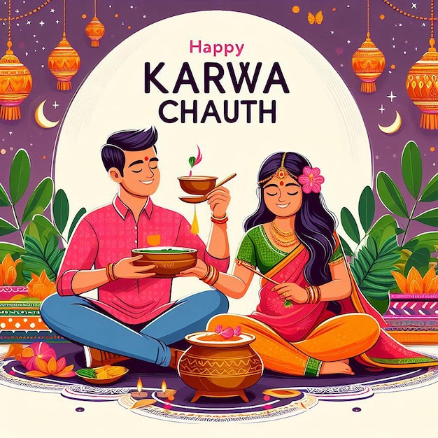 Happy karwa chauth festival with indian copule celebration design