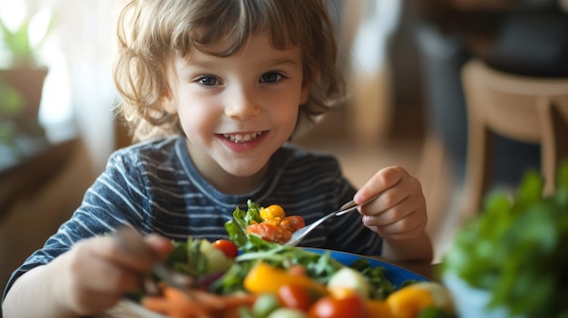 Happy Kid Eating Healthy Food at Home