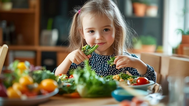 Photo happy kid eating healthy food at home