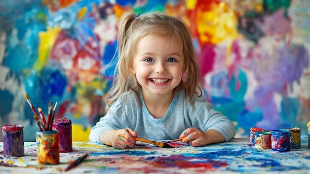 Photo happy kid enjoying arts and crafts painting