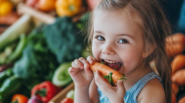 Happy Kid Girl Eating Healthy Vegetables