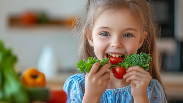 Happy Kid Girl Eating Healthy Vegetables