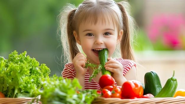 Happy Kid Girl Eating Healthy Vegetables