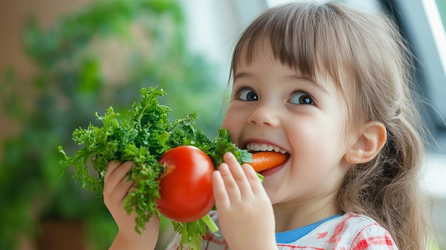 Happy Kid Girl Eating Healthy Vegetables