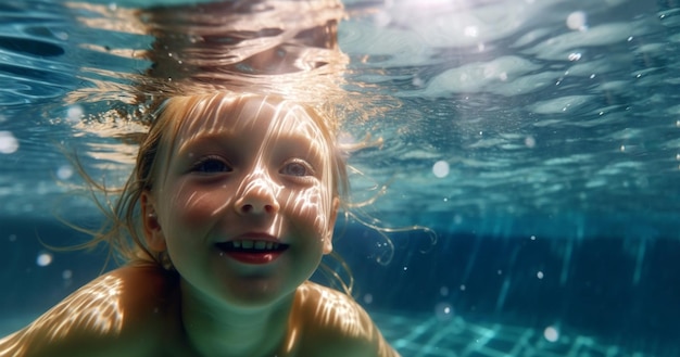 Happy kid have fun in swimming pool swimming under water Funny child swim dive in pool jump deep