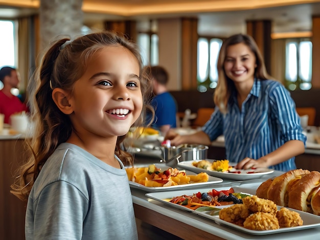 Happy kid and his sister enjoying in buffet breakfast while being in hotel with their parents