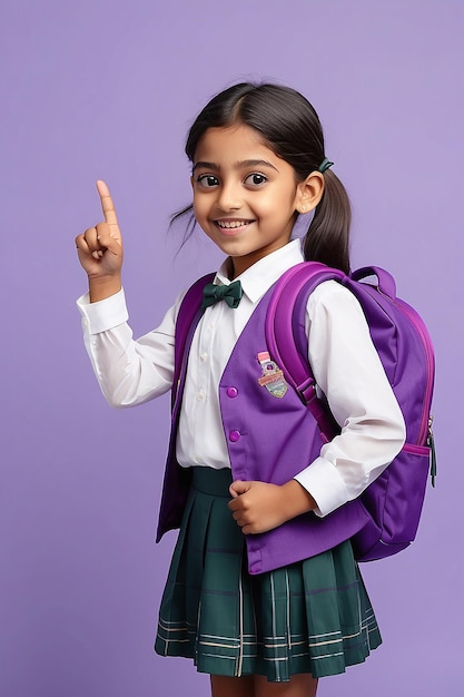 Happy kid primary elementary school girl school uniform pointing fingers aside at copy space advertising products or services