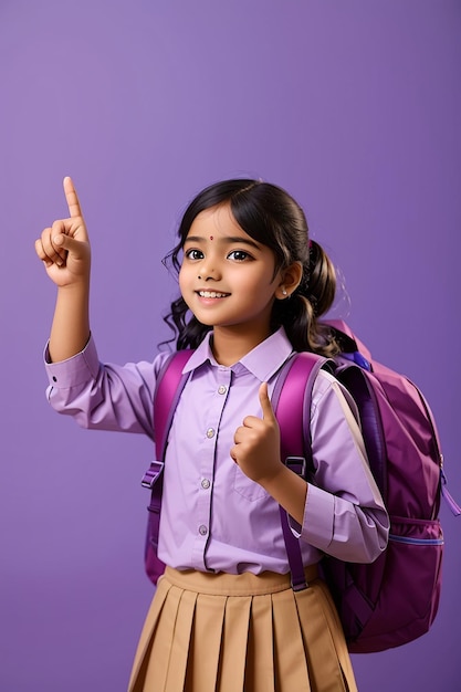 Happy kid primary elementary school girl school uniform pointing fingers aside at copy space advertising products or services