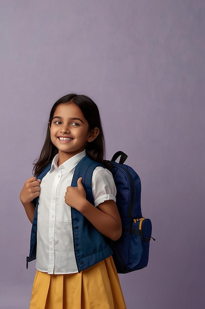 Happy kid primary elementary school girl school uniform pointing fingers aside at copy space advertising products or services