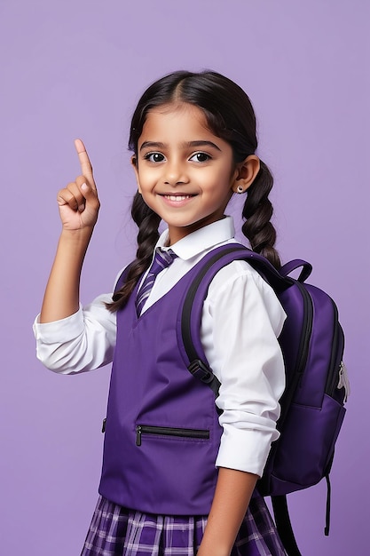 Happy kid primary elementary school girl school uniform pointing fingers aside at copy space advertising products or services