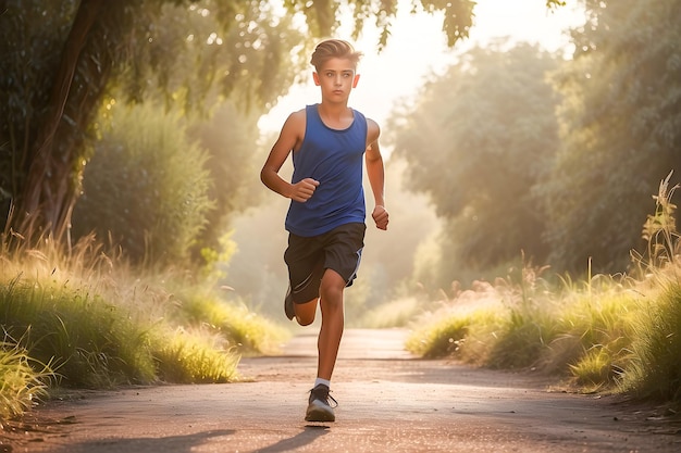 Happy Kid Runner Enjoying Jogging Exercising in a Sunny Day in the Park playing kid