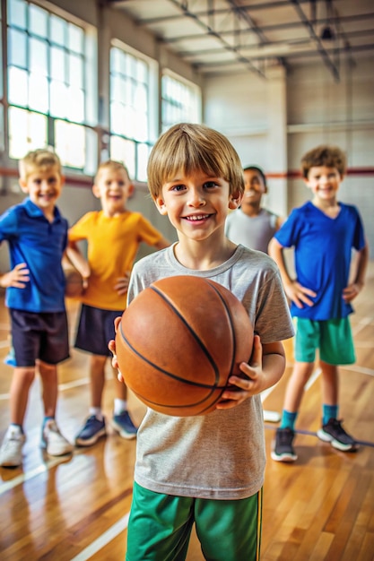 Photo happy kids on basketball training practice boy playing with basketball on training session school basketball player holding ball