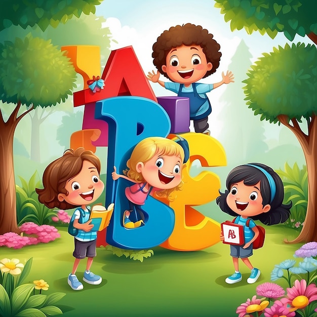 Happy kids carrying the letters abc in the garden illustration