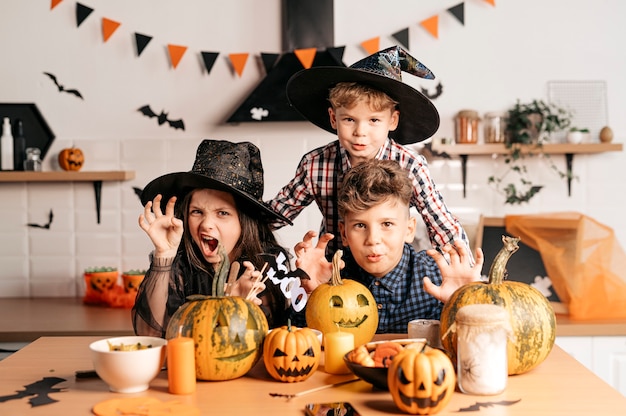 happy kids celebrate halloween at home magical holiday mood