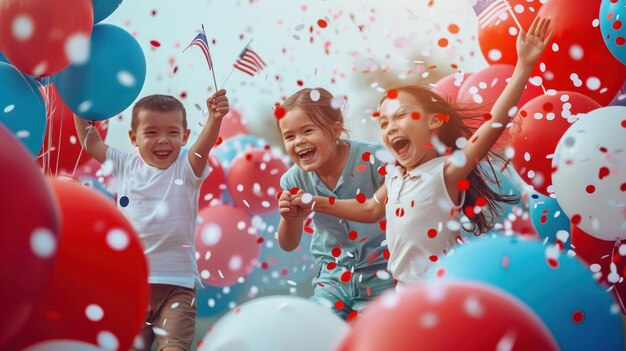 Photo happy kids celebrating with balloons and confetti