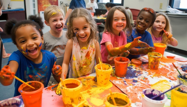 Happy kids create colorful art in classroom generated by AI