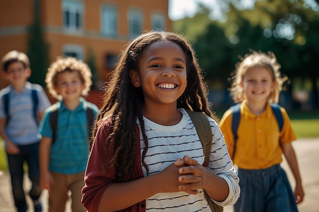 Happy kids embracing and smiling in the elementary schoolyard Interracial friendship