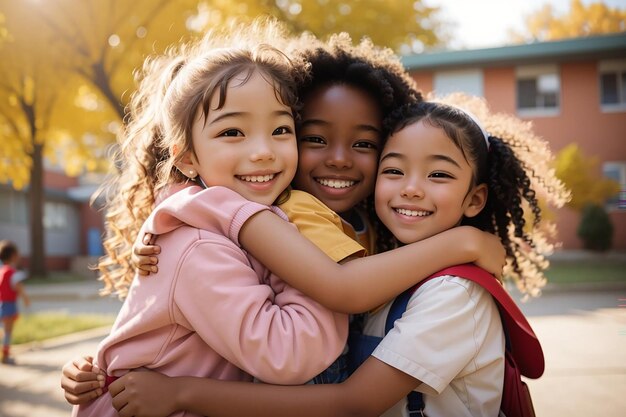 Happy kids embracing and smiling in the elementary schoolyard Interracial friendship