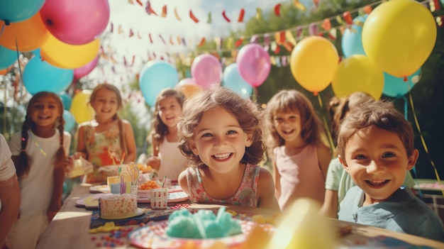 Happy kids getting ready to taste birthday cake with colorful balloons at a birthday party Generative AI