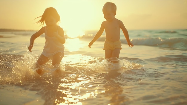 happy kids playing on beach at the sunrise time Generative AI