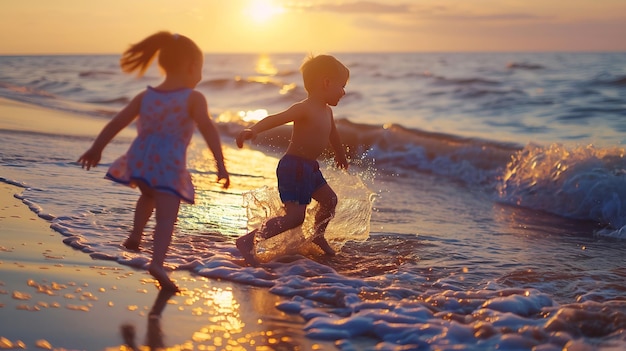 happy kids playing on beach at the sunrise time Generative AI