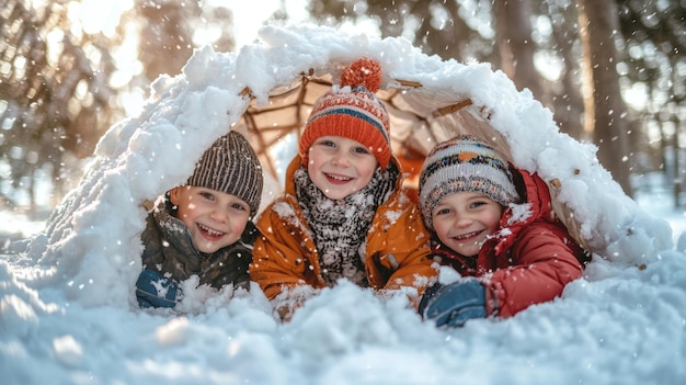 Happy Kids Playing in the Snow Winter Fun Snow Fort Snowy Day Winter Wonderland