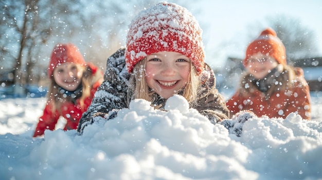 Happy Kids Playing in the Snow Winter Fun