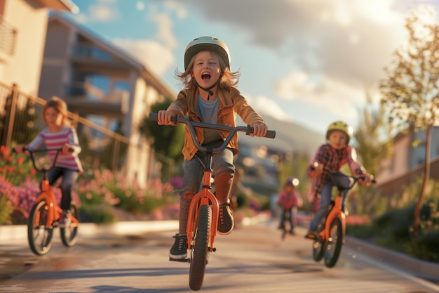 Happy kids riding bicycles and scooters around the