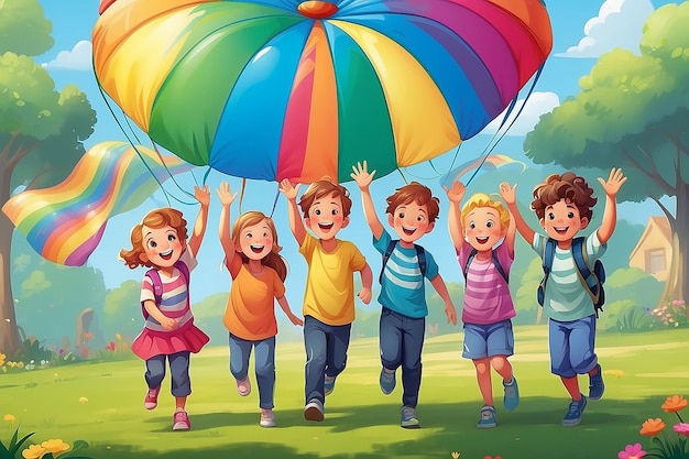 Happy kids waving rainbow parachute full of balls