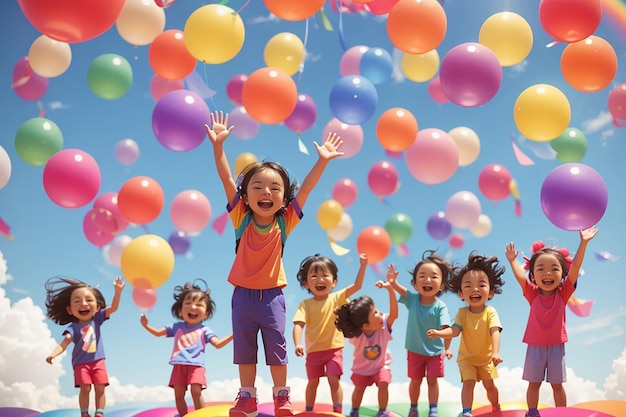 Happy kids waving rainbow parachute full of balls