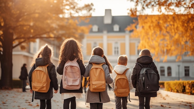 happy kids with backpack in school