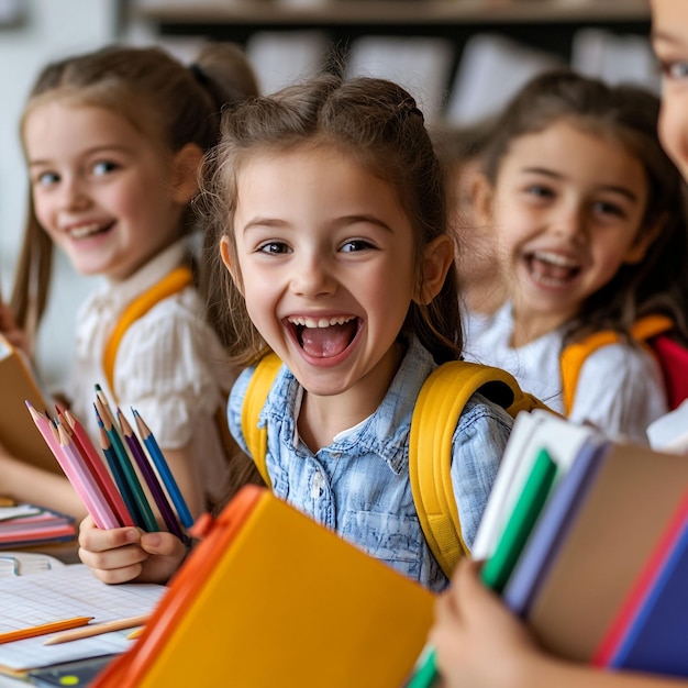 Photo happy kids with school supplies