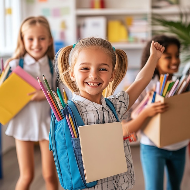 Photo happy kids with school supplies