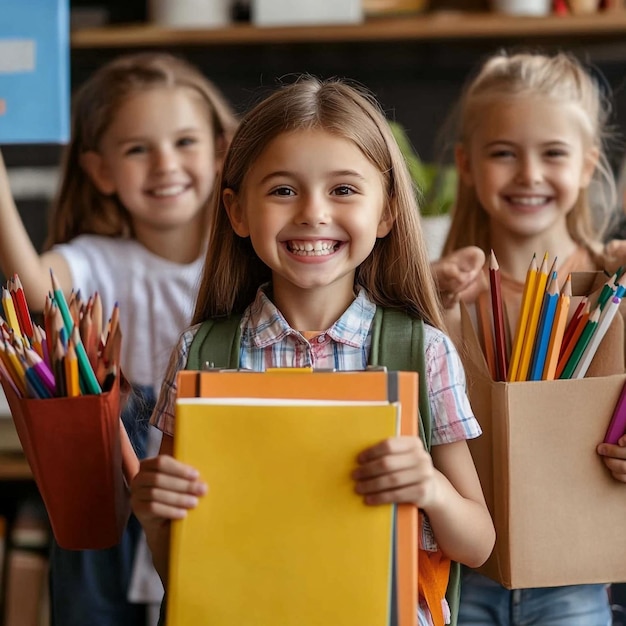 Photo happy kids with school supplies