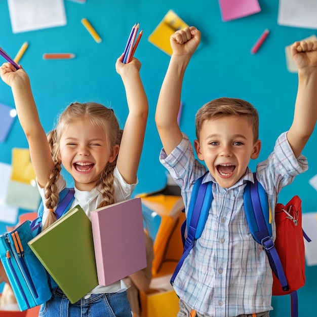 Photo happy kids with school supplies