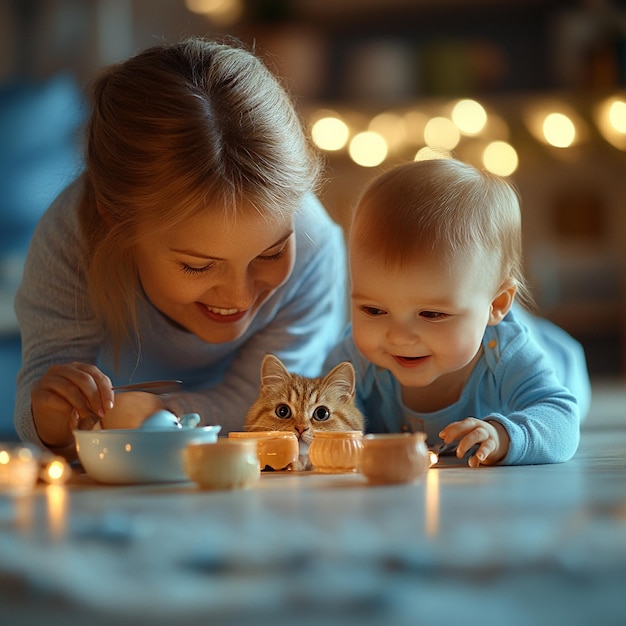 Photo a happy kitten and baby on the floor of a brightly lit kitchen