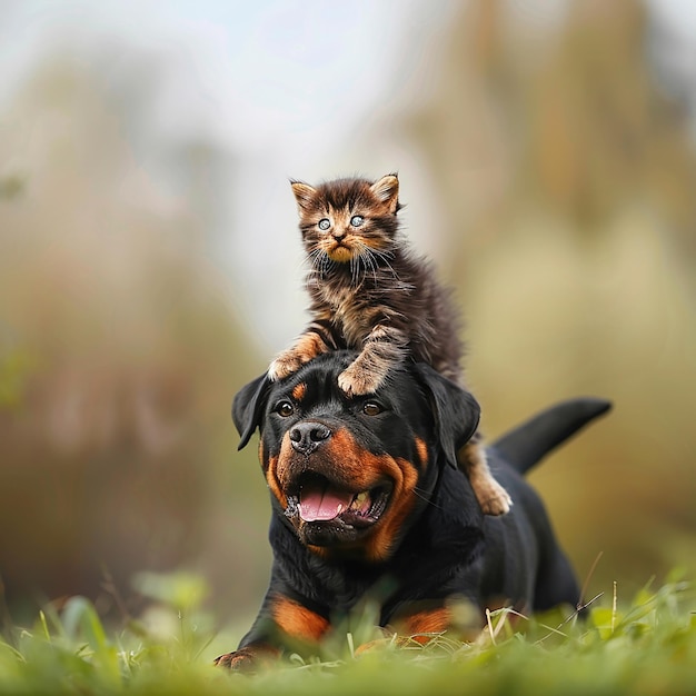 A Happy Kitten Riding on the Back of a Puppy Friendship Day Celebration