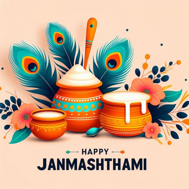 Happy Krishna Janmashtami background design with peacock feathers and overflowing Matki of yogurt