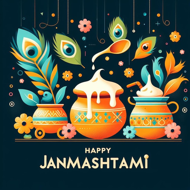 Happy Krishna Janmashtami background design with peacock feathers and overflowing Matki of yogurt