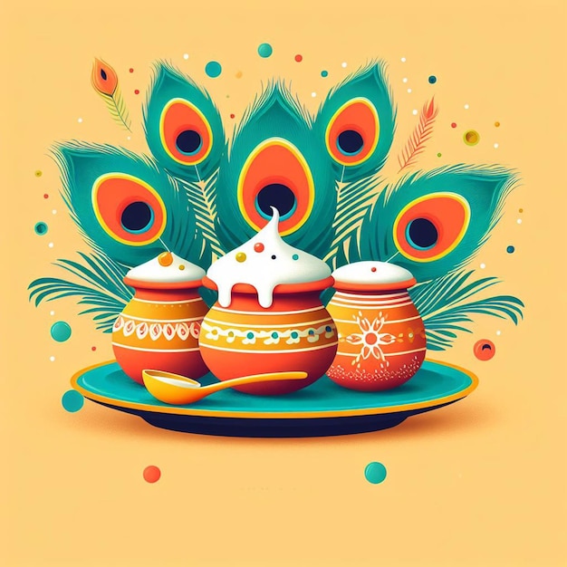 Happy Krishna Janmashtami background design with peacock feathers and overflowing Matki of yogurt