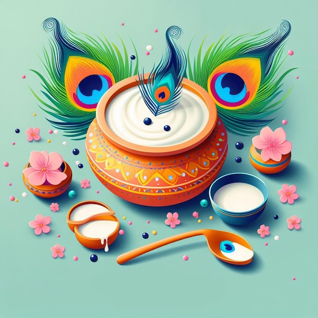 Happy Krishna Janmashtami background design with peacock feathers and overflowing Matki of yogurt