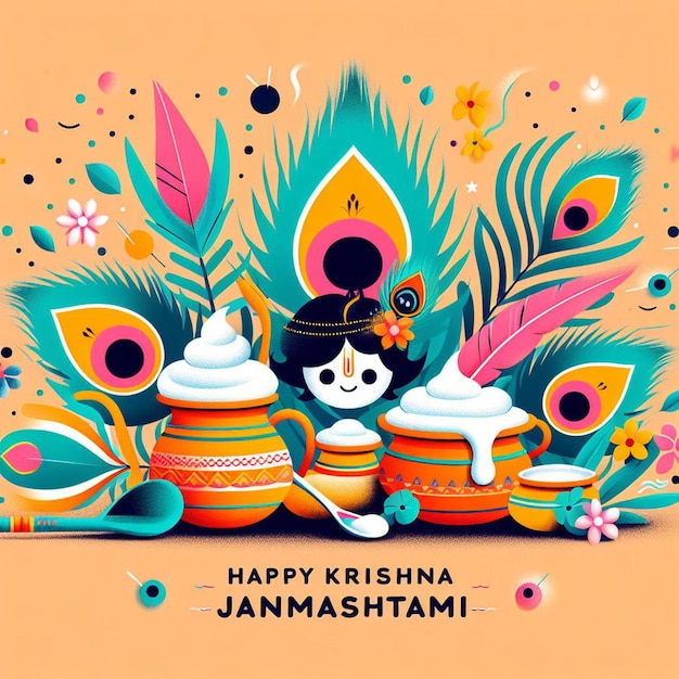 Happy Krishna Janmashtami background design with peacock feathers and overflowing Matki of yogurt