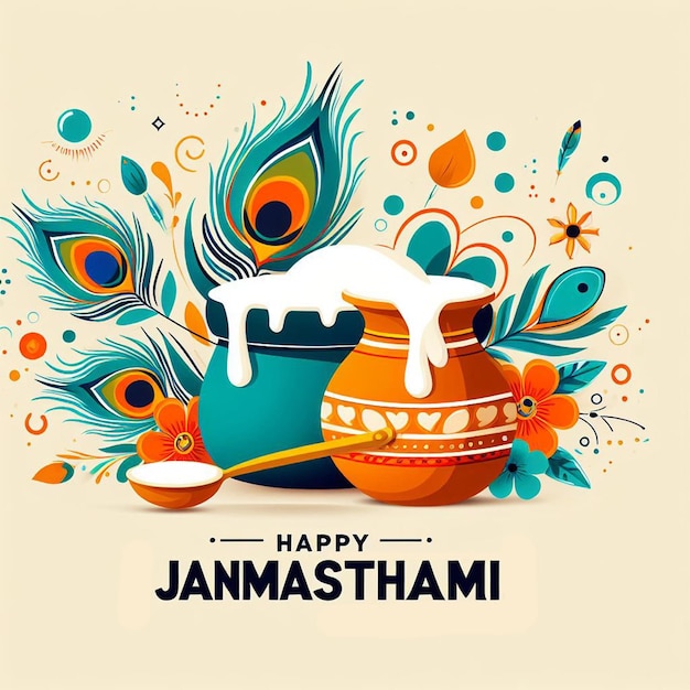 Happy Krishna Janmashtami background design with peacock feathers and overflowing Matki of yogurt