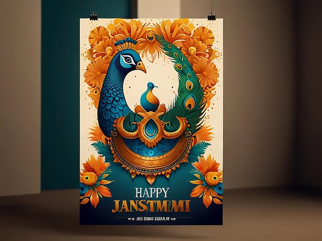 Photo happy krishna janmashtami concept pot with milk bansuri and peacock feathers on a orange backgroun